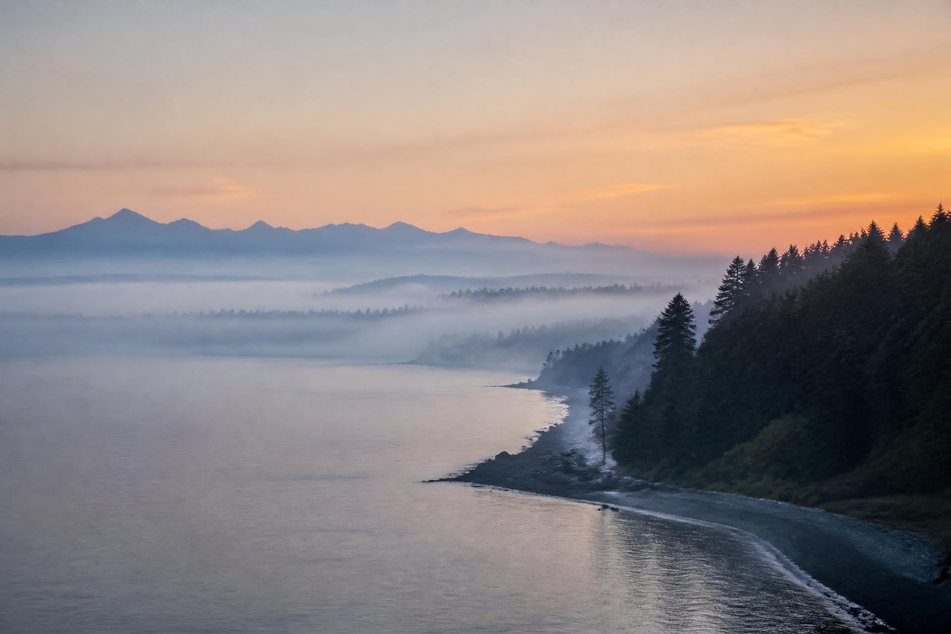 Mist over Puget Sound at dawn with evergreen bluffs near Richmond Beach, Shoreline, Washington